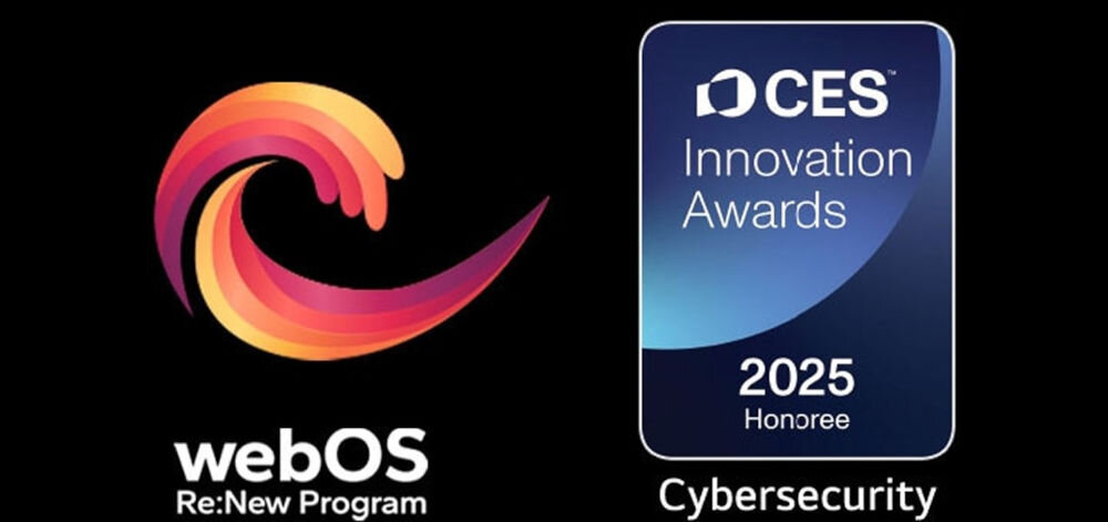 Obraz przedstawia logo webOS Re:New Program oraz plakietkę CES Innovation Awards 2025 Honoree w kategorii Cybersecurity.