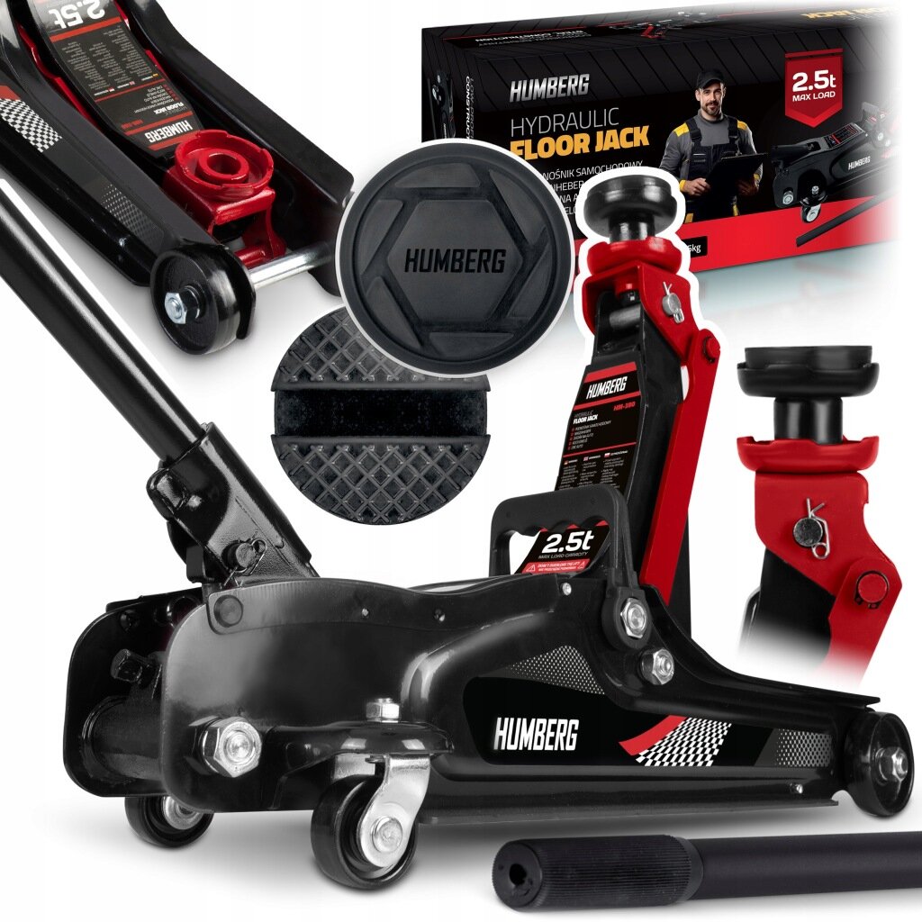 Na obrazie widoczny jest podnośnik hydrauliczny z logo Humberg, oznaczony jako 2.5t. W tle znajduje się opakowanie z napisem \'Hydraulic Floor Jack\'.