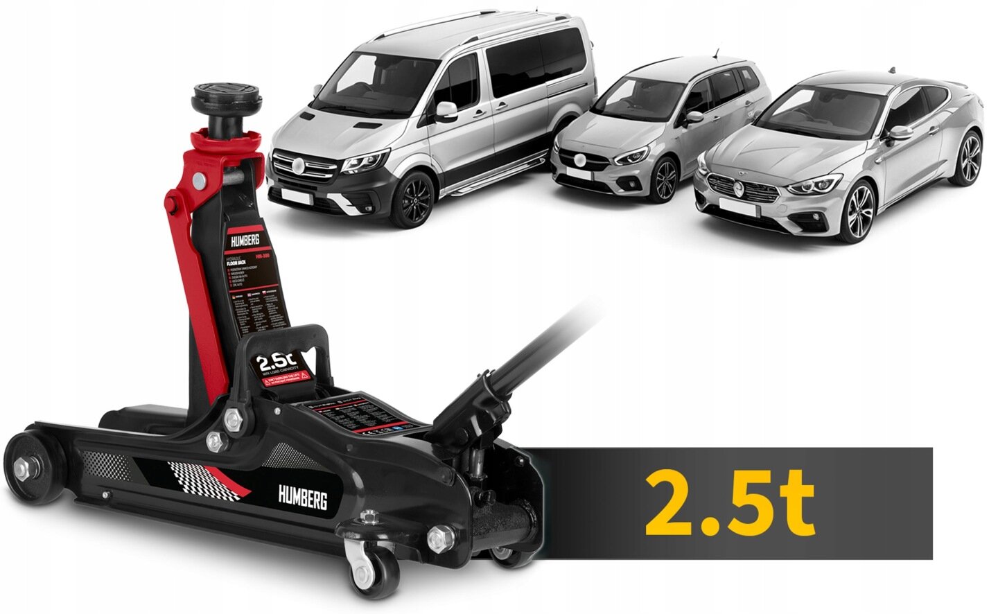 Na obrazie widoczny jest podnośnik hydrauliczny z napisem \'HUMBERG\' oraz \'2.5t\'. W tle znajdują się trzy samochody osobowe w kolorze srebrnym.