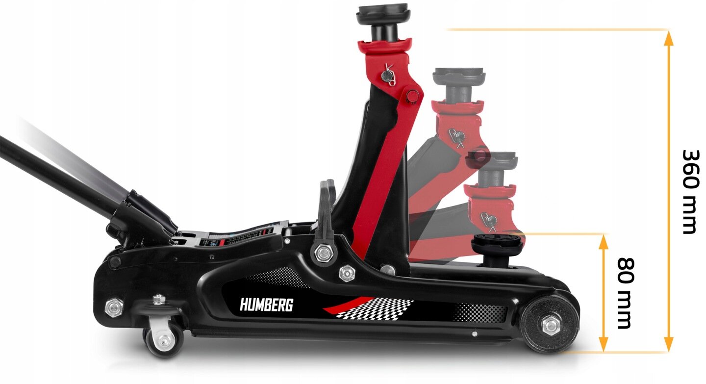 Na obrazie znajduje się czarny podnośnik hydrauliczny z czerwonymi elementami, oznaczony logo \'HUMBERG\'. Widoczne są wymiary podnośnika: minimalna wysokość 80 mm i maksymalna wysokość 360 mm.