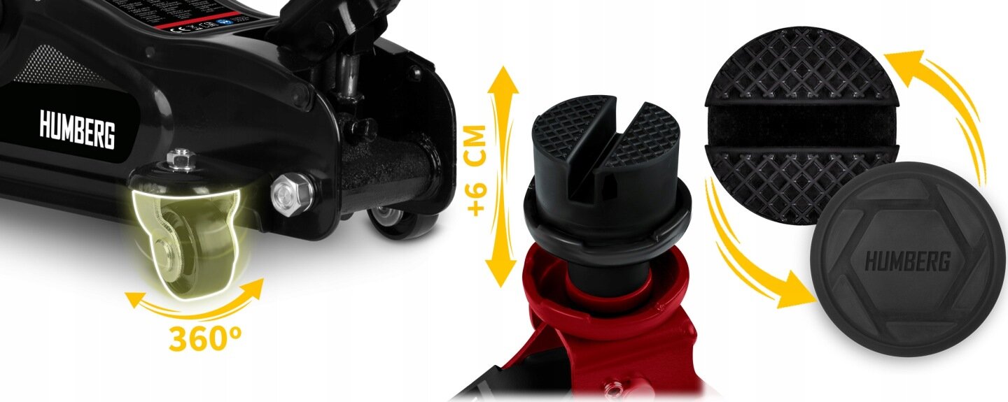 Obraz przedstawia czarny podnośnik hydrauliczny z logo \'HUMBERG\', z obrotowym kółkiem oznaczonym strzałką 360° i strzałką wskazującą podnoszenie o +6 cm. Obok widoczne są dwa okrągłe elementy z teksturą, z jednym oznaczonym logo \'HUMBERG\'.