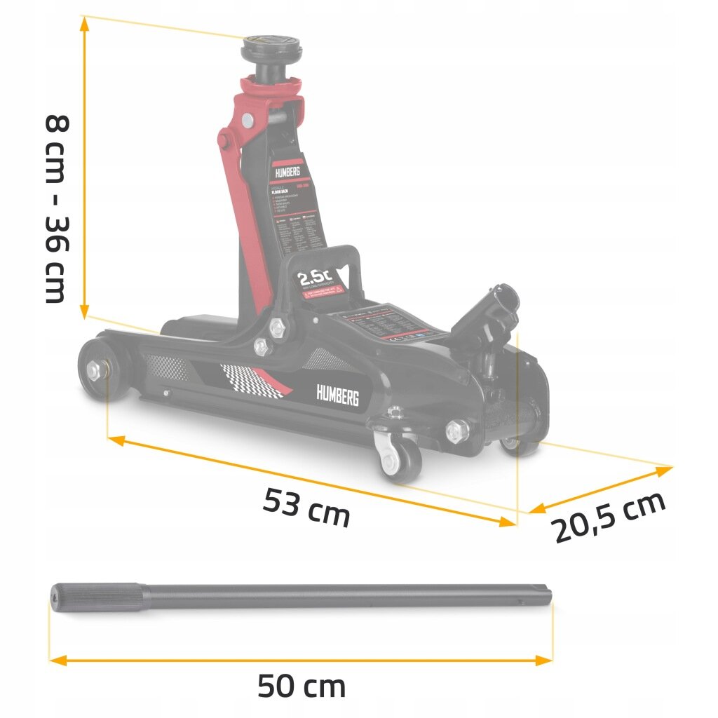 Na obrazie widoczny jest podnośnik hydrauliczny z oznaczeniem \'Humberg\' oraz napisem \'2.5T\'. Obok podane są wymiary: 8 cm - 36 cm, 53 cm, 20,5 cm, a poniżej znajduje się pręt o długości 50 cm.