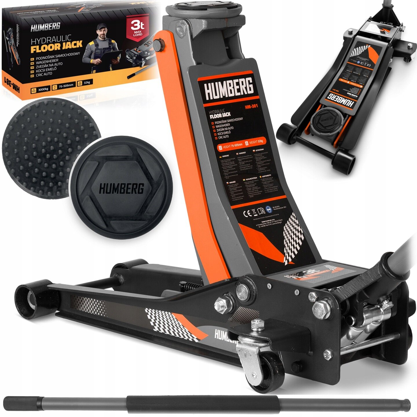 Na obrazie widoczny jest podnośnik hydrauliczny z logo \'HUMBERG\' oraz opakowanie z napisem \'HYDRAULIC FLOOR JACK\'. Produkt ma czarno-pomarańczowe elementy i jest przeznaczony do podnoszenia samochodów o wadze do 3 ton.