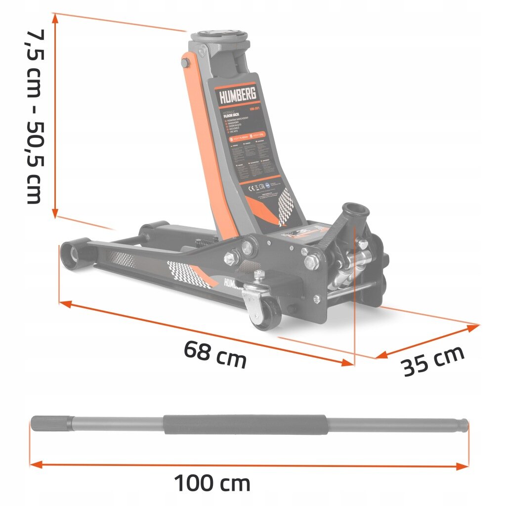 Na obrazie widoczny jest podnośnik hydrauliczny z logo \'HUMBERG\' oraz podane wymiary: wysokość 7,5 cm - 50,5 cm, długość 68 cm, szerokość 35 cm. Obok znajduje się rączka o długości 100 cm.
