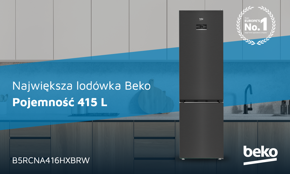 LODÓWKA BEKO B5RCNA416HXBRW Na zdjęciu znajduje się lodówka Beko na tle nowoczesnej kuchni, z dużym napisem „Pojemność 415 L”. Obraz promuje ją jako największy model Beko o tej pojemności.