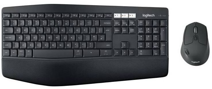 Na obrazie widoczna jest czarna klawiatura z ergonomicznym podparciem oraz myszka. Na klawiaturze znajduje się logo \'logitech\'.