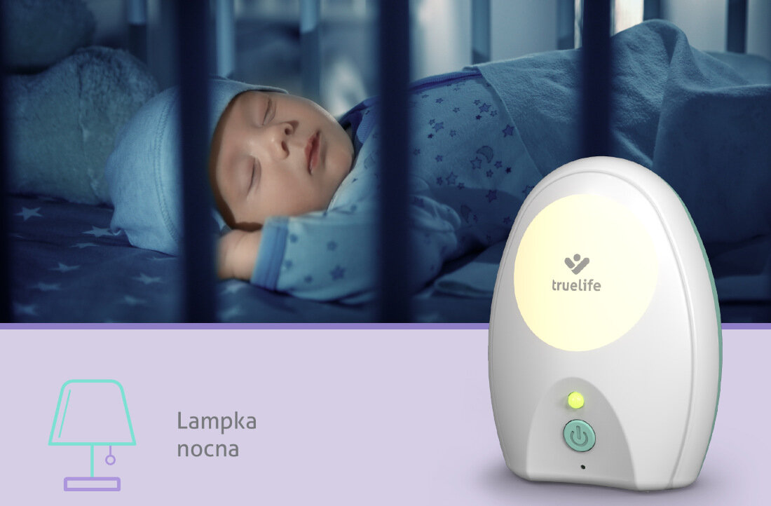 Na obrazie widać śpiące dziecko w łóżeczku oraz urządzenie z logo \'truelife\' i przyciskiem zasilania. Obok znajduje się ikona lampki nocnej z napisem \'Lampka nocna\'.