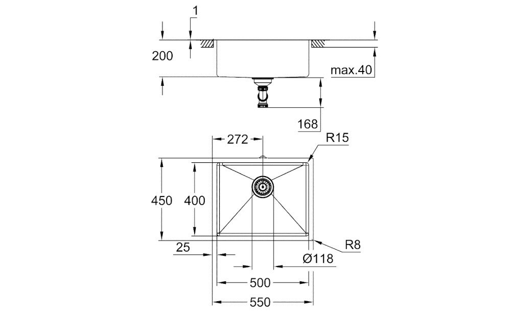 Rysunek techniczny zlewozmywaka jednokomorowego z wymiarami: szerokość 550 mm, głębokość 450 mm, średnica otworu odpływowego 118 mm. Widoczne są również promienie zaokrągleń R15 i R8 oraz inne szczegółowe wymiary.