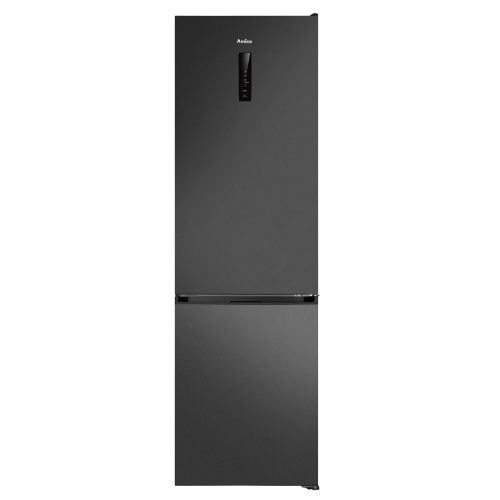 Czarna lodówka z panelem sterowania na górnych drzwiach, z widocznym logo \'Amica\'. Urządzenie ma nowoczesny design i wykończenie w kolorze inox.
