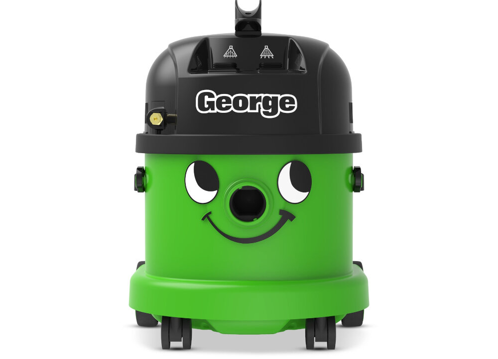 Zielony odkurzacz z czarną górą, na której widnieje napis \'George\'. Na przedniej części znajduje się uśmiechnięta twarz z oczami i nosem wokół otworu ssącego.