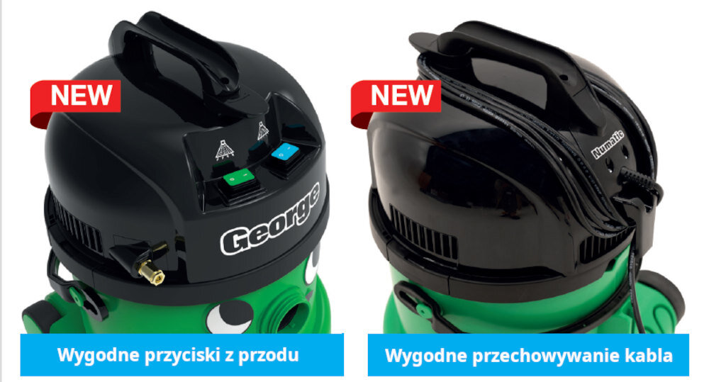 Dwa odkurzacze piorące z czarnymi pokrywami i zielonymi korpusami, z przodu widoczne są przyciski i napis \'George\', z tyłu uchwyt na kabel z napisem \'Numatic\'. Na obu pokrywach znajduje się czerwony napis \'NEW\', a poniżej niebieskie napisy: \'Wygodne przyciski z przodu\' i \'Wygodne przechowywanie kabla\'.