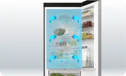 Otwarta lodówka z widocznymi półkami, na których znajdują się różne produkty spożywcze. Na drzwiach lodówki widoczne są niebieskie strzałki wskazujące przepływ powietrza.