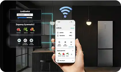 W kuchni znajduje się srebrna lodówka obok blatu z dwoma krzesłami. Na pierwszym planie widoczny jest smartfon z aplikacją do zarządzania lodówką, a nad nim ikona WiFi.