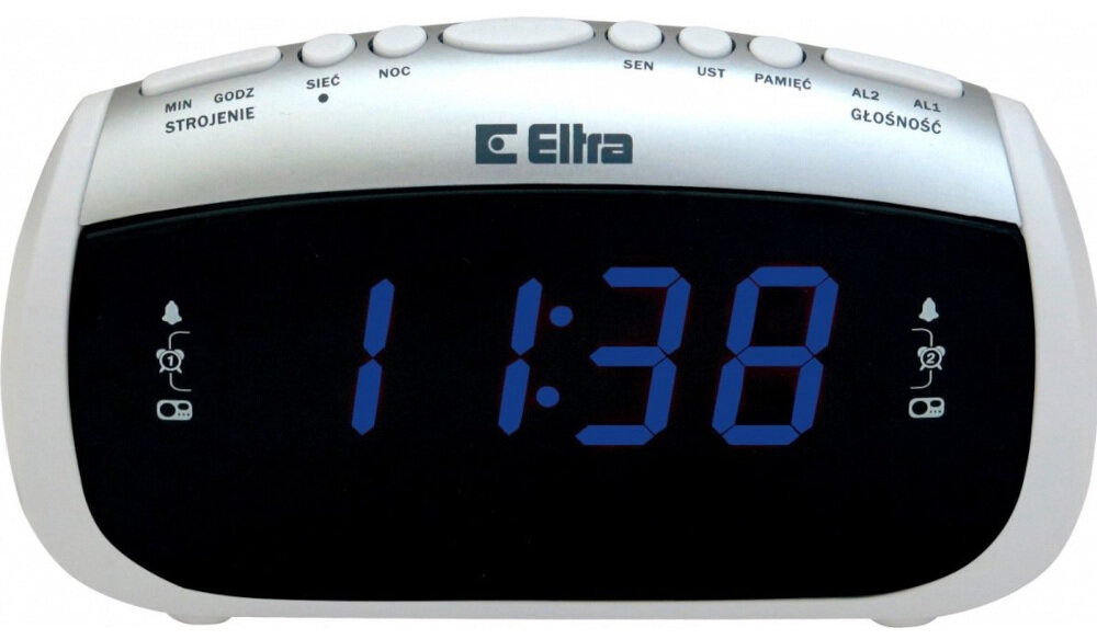 Radiobudzik z wyświetlaczem LED pokazującym godzinę 11:38, z widocznym logo \'Eltra\' na górze. Na obudowie znajdują się przyciski z opisami: MIN, GODZ, STROJENIE, SIEĆ, NOC, SEN, UST, PAMIĘĆ, AL2, AL1, GŁOŚNOŚĆ.