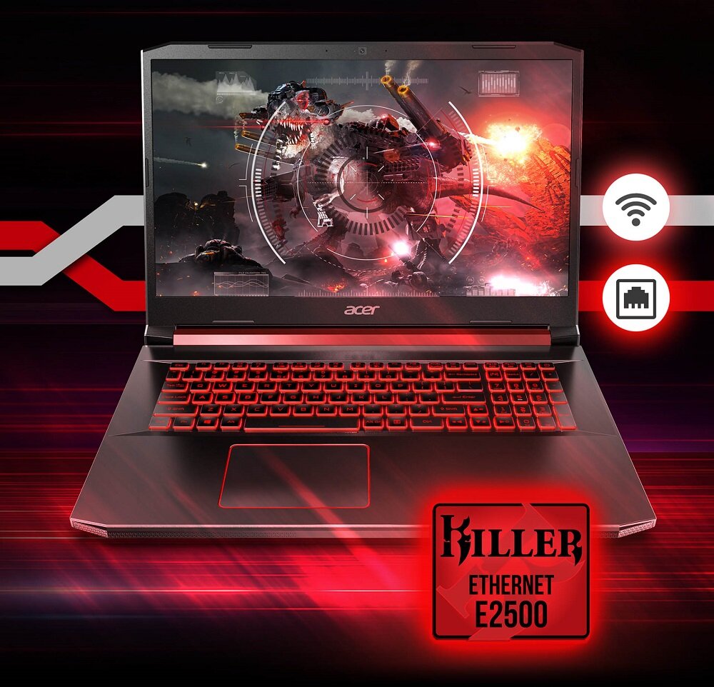 Laptop z podświetlaną klawiaturą i ekranem wyświetlającym dynamiczną grafikę. Widoczne logo \'acer\' oraz napis \'Killer Ethernet E2500\'.