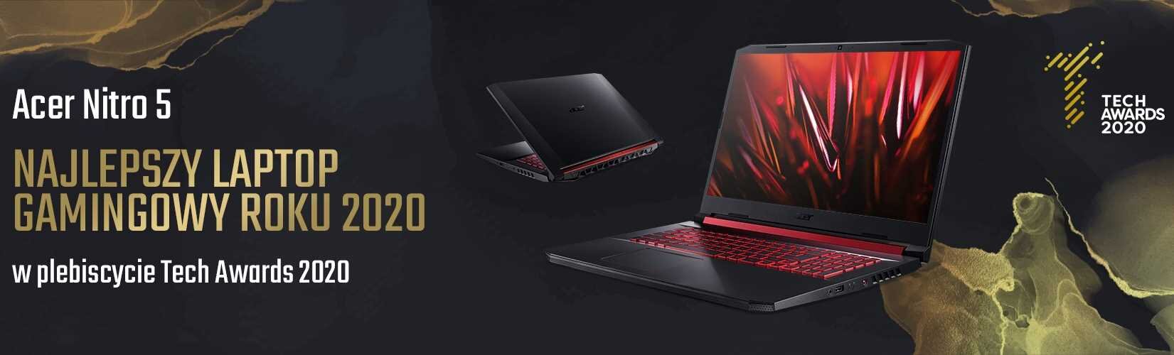 Obraz przedstawia dwa laptopy Acer Nitro 5 z czerwonym podświetleniem klawiatury na ciemnym tle. Tekst na obrazie: \'Acer Nitro 5 NAJLEPSZY LAPTOP GAMINGOWY ROKU 2020 w plebiscycie Tech Awards 2020\'.