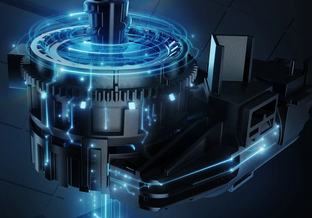 Obraz przedstawia futurystyczny mechanizm z elementami przypominającymi zębatki, otoczony niebieskimi, świecącymi liniami i wzorami. Całość ma nowoczesny, technologiczny wygląd.