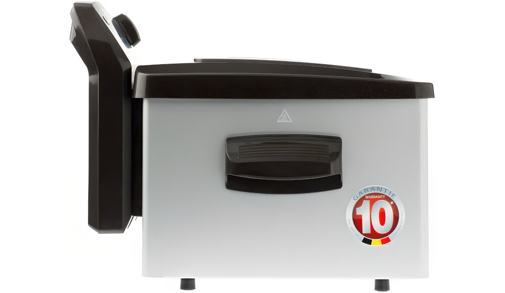 Frytkownica w kolorze srebrnym z czarną pokrywą i uchwytem, posiada naklejkę z napisem \'GARANTIE WARRANTY 10\'.