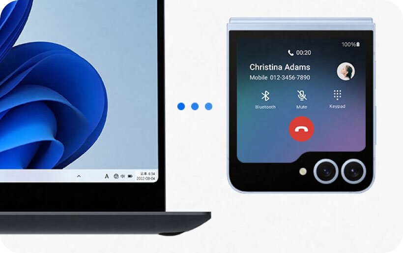 Obraz przedstawia ekran laptopa z systemem Windows oraz ekran smartfona z aktywnym połączeniem telefonicznym z osobą o imieniu Christina Adams. Na ekranie smartfona widoczne są ikony Bluetooth, Mute i Keypad oraz czas trwania połączenia 00:20.