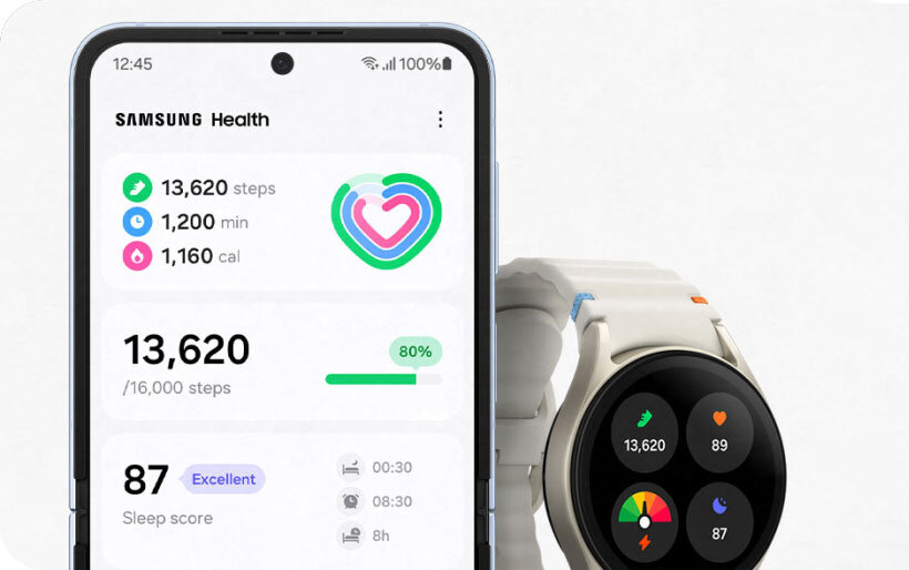 Na obrazie widoczny jest smartfon z aplikacją Samsung Health, pokazującą liczbę kroków, minut aktywności i spalonych kalorii. Obok znajduje się smartwatch z okrągłym wyświetlaczem, prezentujący podobne dane zdrowotne.