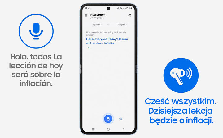 Obraz przedstawia smartfon z aplikacją tłumaczącą tekst z hiszpańskiego na angielski. Po bokach widoczne są ikony mikrofonu i słuchawek oraz teksty w języku hiszpańskim i polskim dotyczące lekcji o inflacji.