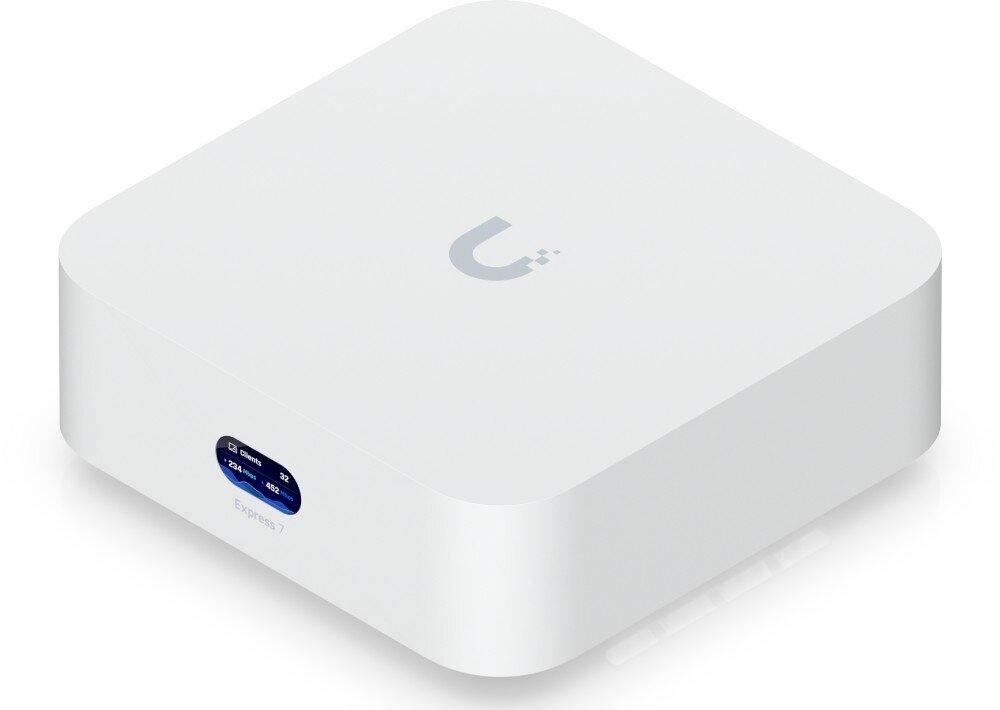 Biały, prostokątny router z zaokrąglonymi krawędziami, na górze widoczne jest logo w kształcie litery \'U\'. Na przedniej stronie znajduje się mały wyświetlacz z tekstem: \'Express 7\'.