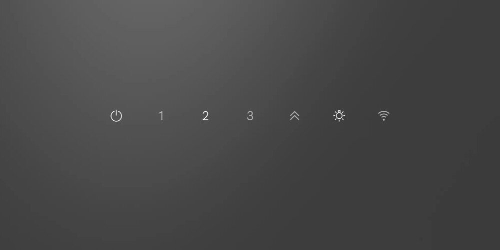 Panel sterowania z ikonami: przycisk zasilania, cyfry 1, 2, 3, strzałka w górę, symbol słońca i ikona Wi-Fi na ciemnym tle.