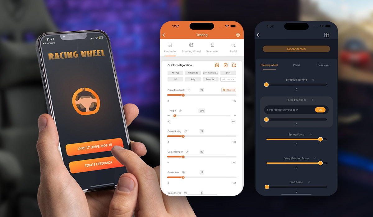 Na obrazie widoczne są trzy ekrany smartfonów z aplikacją do konfiguracji kierownicy wyścigowej. Na pierwszym ekranie widnieje napis \'RACING WHEEL\' oraz przyciski \'DIRECT DRIVE MOTOR\' i \'FORCE FEEDBACK\'.