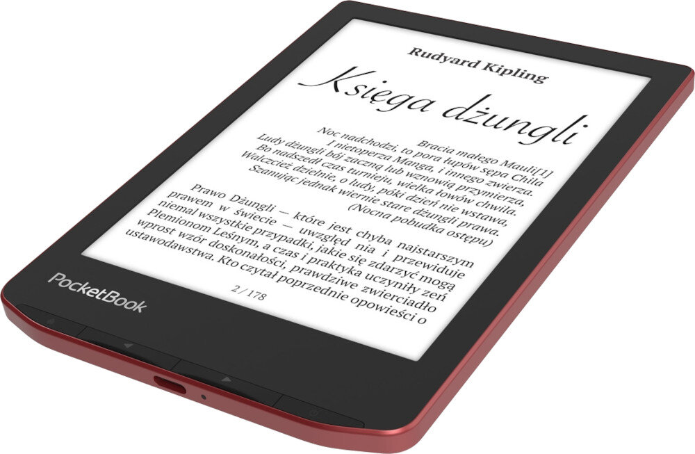 Czytnik e-booków z czerwonym obramowaniem wyświetla tekst książki \'Księga dżungli\' autorstwa Rudyarda Kiplinga. Na dolnej części urządzenia widoczne jest logo \'PocketBook\'.