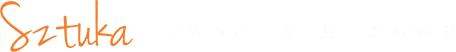 Tekst \'Sztuka parzenia kawy\' w kolorze pomarańczowym i białym na ciemnym tle.