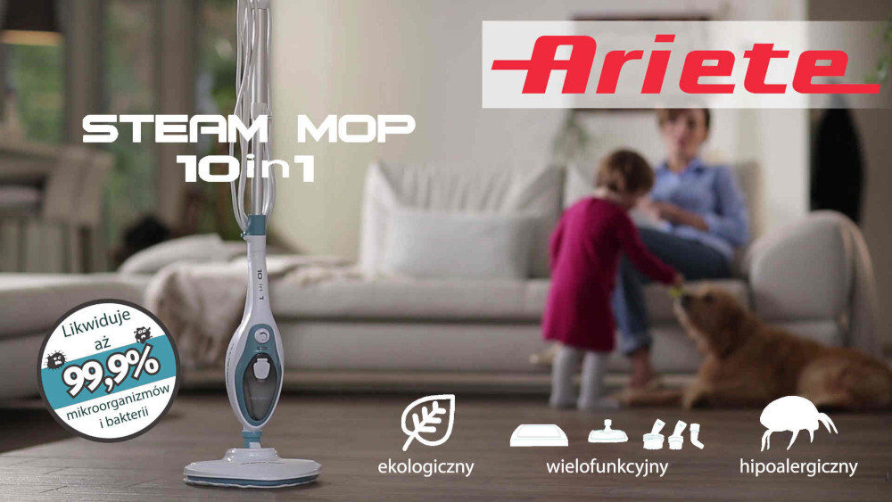 Obraz przedstawia mop parowy z napisem \'STEAM MOP 10in1\' oraz logo \'Ariete\'. Na dole znajdują się ikony z napisami: \'ekologiczny\', \'wielofunkcyjny\', \'hipoalergiczny\', a obok mopa widnieje informacja \'Likwiduje aż 99,9% mikroorganizmów i bakterii\'.