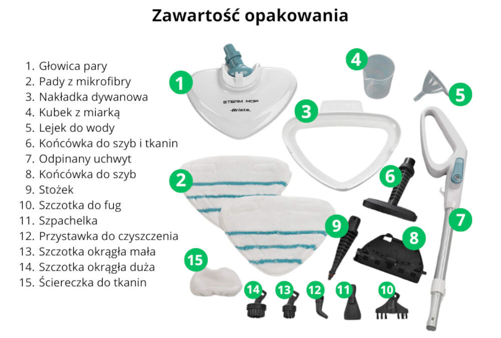Obraz przedstawia zawartość opakowania mopa parowego ARIETE 4164 Multi Steam System, w tym głowicę pary, pady z mikrofibry, nakładkę dywanową, kubek z miarką, lejek do wody, końcówki do szyb i tkanin, odpinany uchwyt, stożek, szczotki, szpachelkę i ściereczkę do tkanin. Widoczny jest tekst: \'Zawartość opakowania\' oraz numeracja elementów od 1 do 15.