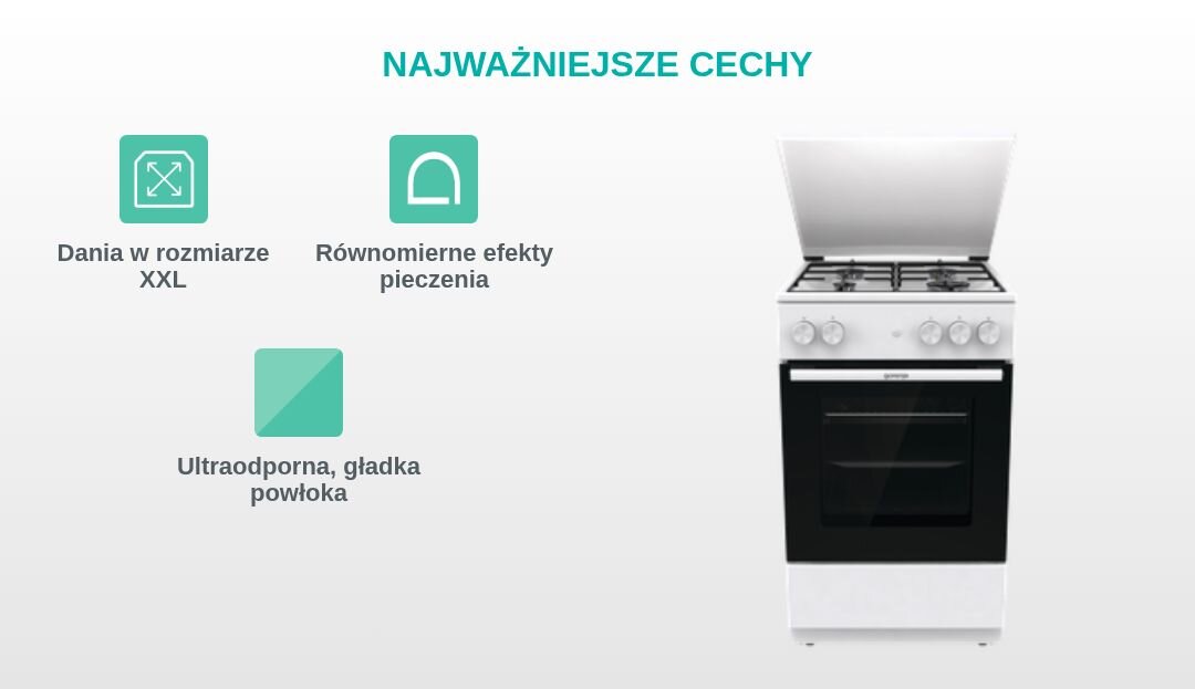 Obraz przedstawia kuchnię z piekarnikiem oraz tekst \'NAJWAŻNIEJSZE CECHY\'. Obok znajdują się ikony z napisami: \'Dania w rozmiarze XXL\', \'Równomierne efekty pieczenia\', \'Ultraodporna, gładka powłoka\'.
