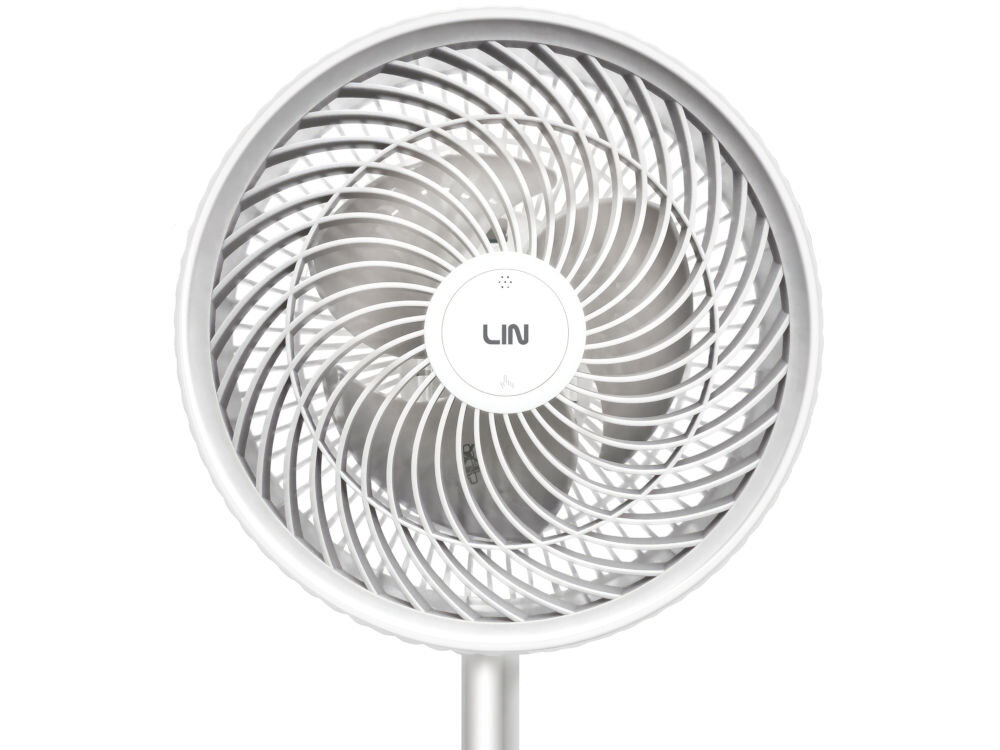 Biały wentylator z logo \'LIN\' na środku, z widocznymi łopatkami osłoniętymi kratką w kształcie spirali.