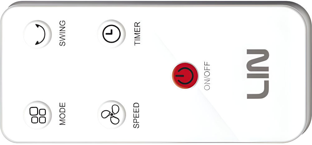 Pilot z przyciskami: SWING, TIMER, MODE, SPEED oraz czerwonym przyciskiem ON/OFF. Widoczne jest logo LIN.