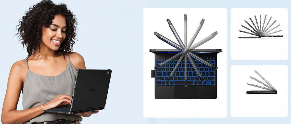 Kobieta trzyma urządzenie z klawiaturą, obok widoczne są zdjęcia etui na tablet z klawiaturą w różnych pozycjach. Klawiatura ma podświetlenie, a etui umożliwia różne kąty ustawienia tabletu.
