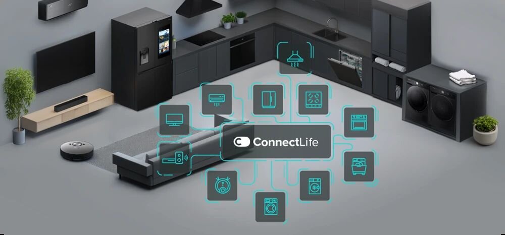 W nowoczesnej kuchni i salonie widoczne są różne urządzenia AGD, takie jak lodówka, piekarnik, pralka i telewizor. Na środku obrazu znajduje się logo \'ConnectLife\' otoczone ikonami symbolizującymi różne funkcje i urządzenia.