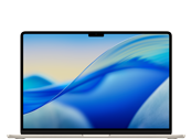 Laptop z wyświetlaczem Retina, na ekranie widoczna abstrakcyjna grafika w odcieniach niebieskiego i żółtego. Obudowa jest w jasnym kolorze, a na górnej ramce ekranu znajduje się kamera.