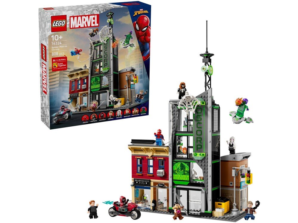 Zestaw LEGO przedstawia budynek Oscorp z serii Marvel, z różnymi postaciami i elementami akcji. Na opakowaniu widnieje napis \'LEGO MARVEL\' oraz \'10+ 76324\'.