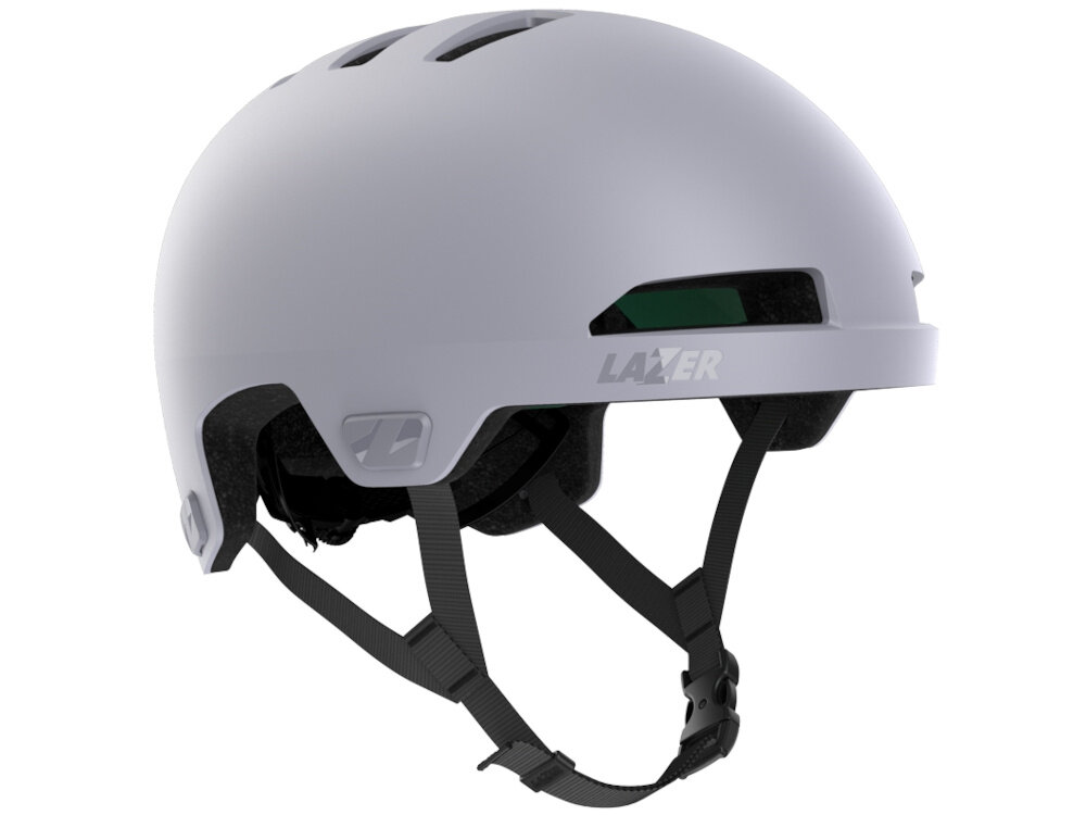 Fioletowy matowy kask rowerowy z logo \'LAZER\' i regulowanymi paskami. Kask ma kilka otworów wentylacyjnych na górze.