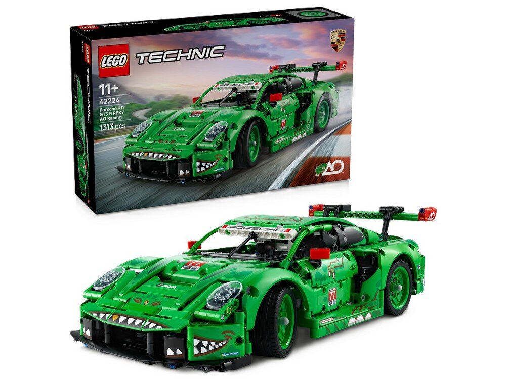 Na obrazie widoczny jest zielony model samochodu wyścigowego z klocków LEGO oraz pudełko z grafiką przedstawiającą ten sam model. Na pudełku znajduje się tekst: \'LEGO TECHNIC 11+ 42224 Porsche 911 GT3 R Rexy AO Racing 1313 pcs\'.