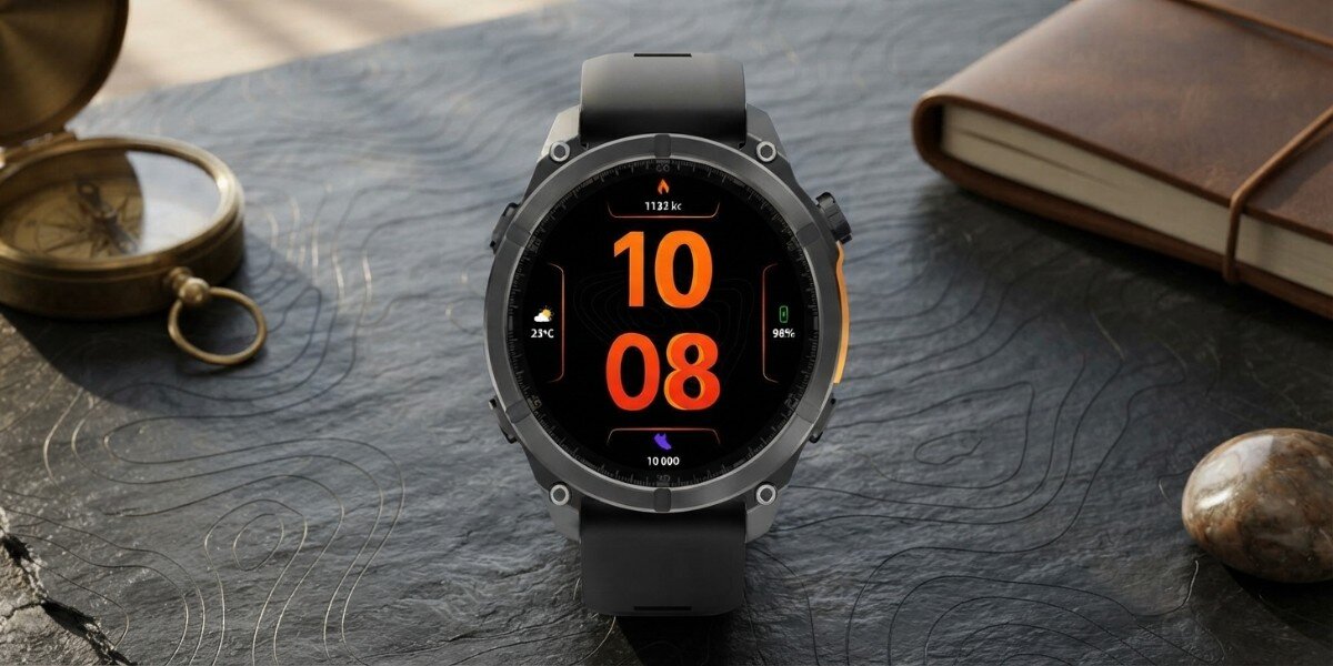 Smartwatch FOREVER Focus GPS SW-900 Czarny obok akcesoriów podróżniczych.