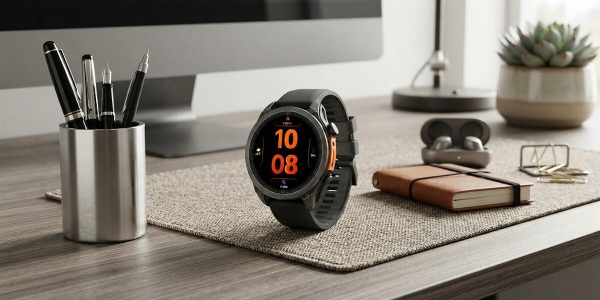 Smartwatch FOREVER Focus GPS SW-900 Czarny obok akcesoriów biurowych oraz słuchawek bezprzewodowych.