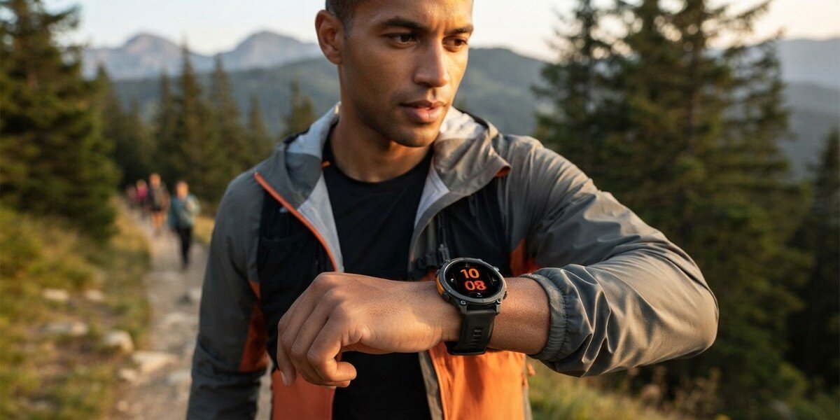 Mężczyzna idący przez górską scieżkę, na jego dłoni widoczny jest smartwatch FOREVER Focus GPS SW-900.