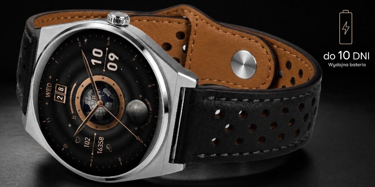 Smartwatch LUNA Uomo Czarny leżący na ciemnej powierzchni, obok widoczny jest napis 'Wydajna bateria do 10 Dni'.