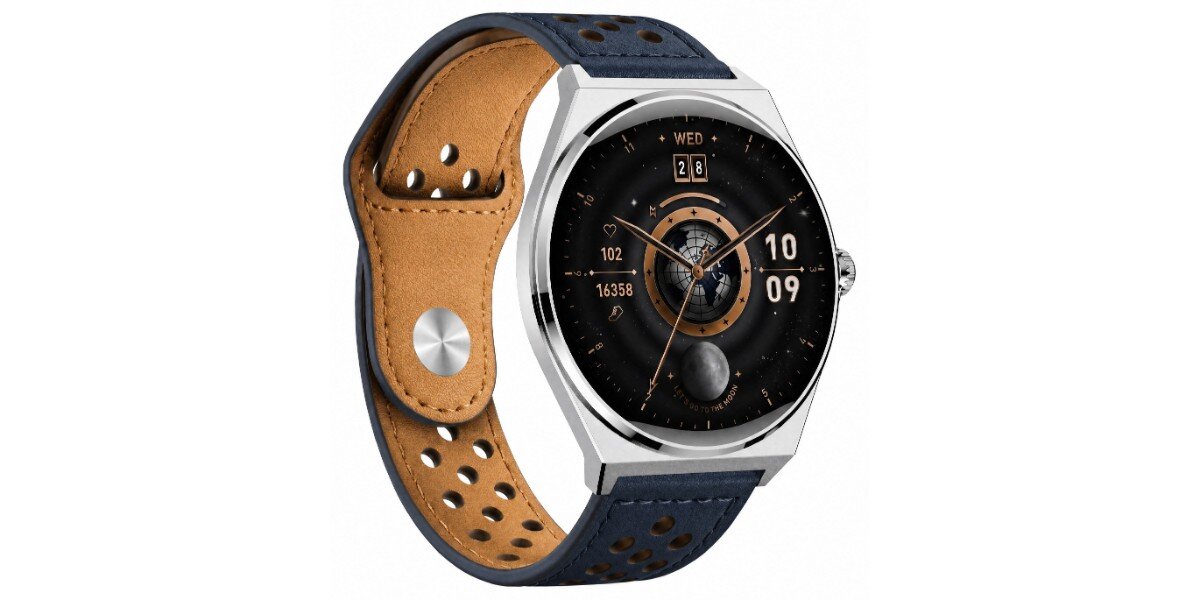 Smartwatch z okrągłą tarczą, wyświetlający datę i godzinę 10:09, z granatowym paskiem z perforacjami i brązowym wnętrzem.