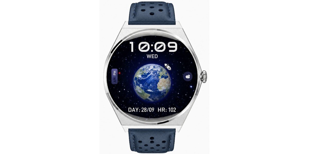 Smartwatch z granatowym paskiem i okrągłym wyświetlaczem, na którym widoczna jest grafika Ziemi oraz godzina 10:09. Na ekranie znajdują się także napisy: \'WED\', \'DAY: 28/09\', \'HR: 102\'.