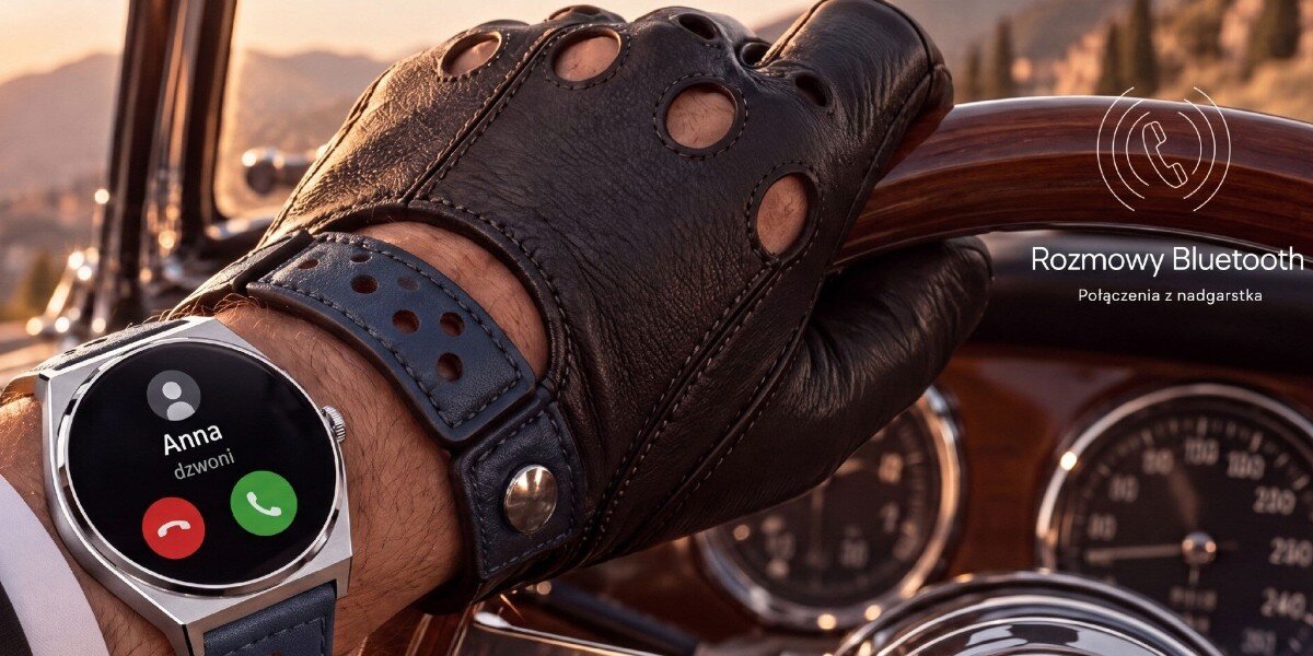Osoba w skórzanej rękawiczce prowadzi samochód, na nadgarstku ma smartwatch z wyświetlonym połączeniem od \'Anna\'. Obok zegarka widoczny jest napis \'Rozmowy Bluetooth Połączenia z nadgarstka\'.