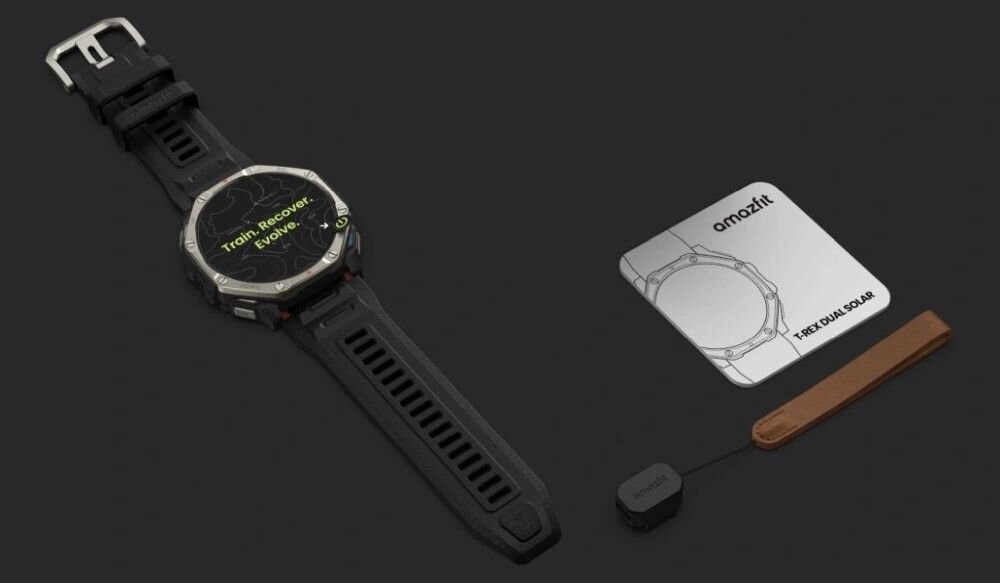 Smartwatch Amazfit T-Rex Dual Solar 51 mm Black Magma – zawartość zestawu: zegarek z silikonowym paskiem 26 mm, adapter ładujący USB-C, dokumentacja