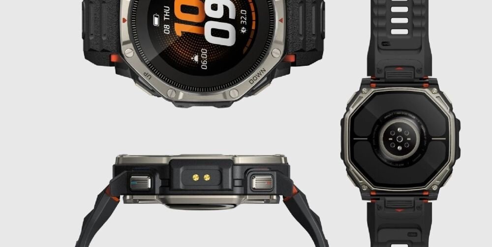 Smartwatch Amazfit T-Rex Dual Solar 51 mm Black Magma na skale w słońcu – ekran z poziomem ładowania słonecznego Solar Input Power, dwustronne ładowanie solarne, panel solarny wokół wyświetlacza AMOLED